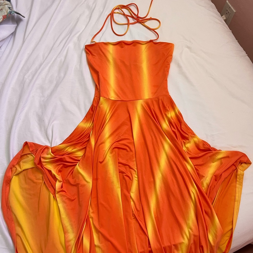 Fashion Nova Orange and Yellow Halter Maxi Dress